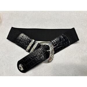 80s Stretch Belt Rhinestones Snake Genuine Leather Simon Silver Bling 31”